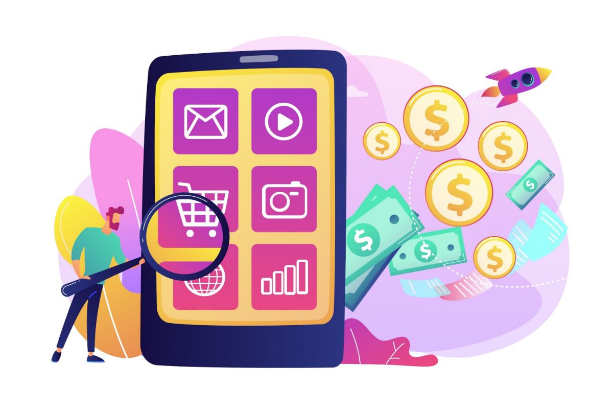 Illustration of a large smartphone displaying various app icons related to digital marketing, surrounded by symbols of money including coins and dollar bills, representing the cost of Google Ads. A person with a magnifying glass examines a shopping cart icon.
