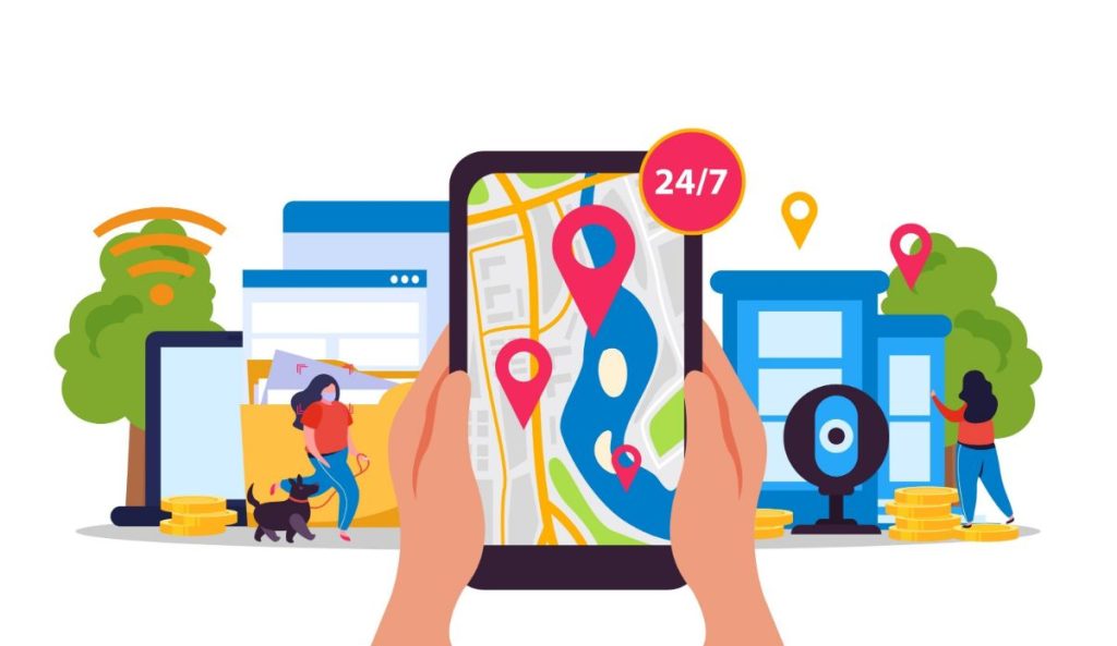 Illustration of hands holding a smartphone displaying a map with location pins, representing continuous local SEO tracking and management.