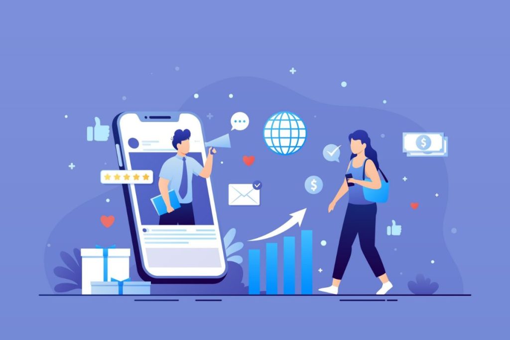 Illustration of a person walking while interacting with social media on their phone, featuring icons for likes, messages, and global connectivity.
